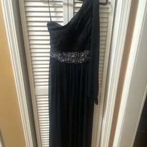 Xscape Black One-Shoulder Gown with Embellished Waist